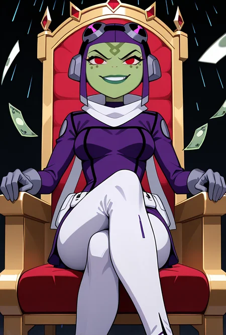 <lora:attea-07:1>, attea, green skin, 1girl, red eyes, goggles, short hair, purple hair, white scarf, purple bodysuit, purple helmet, green lips,white pants, grey gloves, short purple skirt, dynamic pose, expressive face, cartoon, screencap, evil smile, sitting on throne, sitting, crossed legs, cash rain, money shower, golden crown, black background, raining money, , money rain, foreground blur,, masterpiece, best quality, amazing quality, very aesthetic, absurdres, newest,
