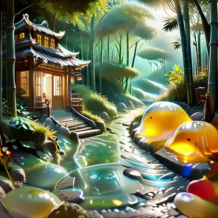 dog running down a bamboo path, dog made out of slime, detailed dog, 
detailed scenery, scenery made out of slime, bamboo made out of slime, green slime bamboo, brown slime wicker fence, brown slime pagoda, red slime brick path, 
BambooforP, background, bamboo forest, path,
everything made of slime, No simple background,
((translucent slime)), ((transparent slime)), (bioluminescent slime), sl1m3, slime, ais-blmn, watce, je11y, thickwater, great lighting, ral-lava, even lighting, no bright spots,