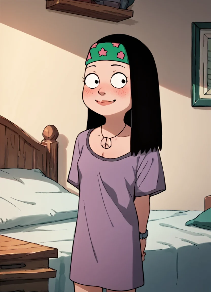 Hayley, 1girl, solo, black hair, nightgown, necklace, long hair, headband,standing,blush, cowboy shot,arms behind back,bed, smile,   bracelet,score_9, score_8_up, score_7_up, score_6_up, score_5_up, score_4_up, looking at viewer, <lora:HayleySmithPony2.0 (1):1>