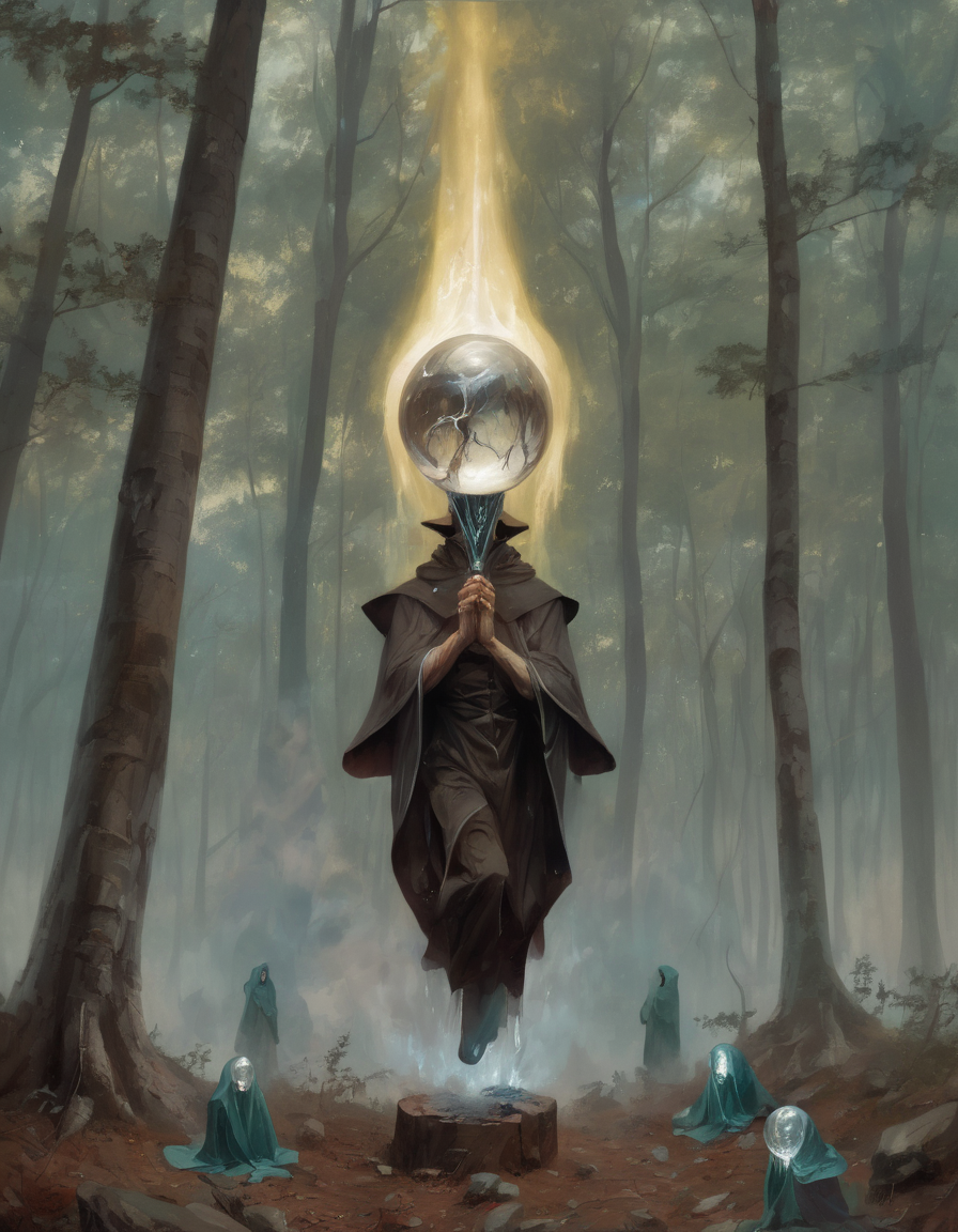 <lora:ptm0-000007:0.8>ptm0 a painting of a man with a half broken cylinder for a head levitating in a strange position in the woods with three small hooded figures beside him and a liquid glass rising up from the ground and crystallizing into a sphere, Art of Brom, magic the gathering artwork, an ultrafine detailed painting, fantasy art, surreal , beksinksi