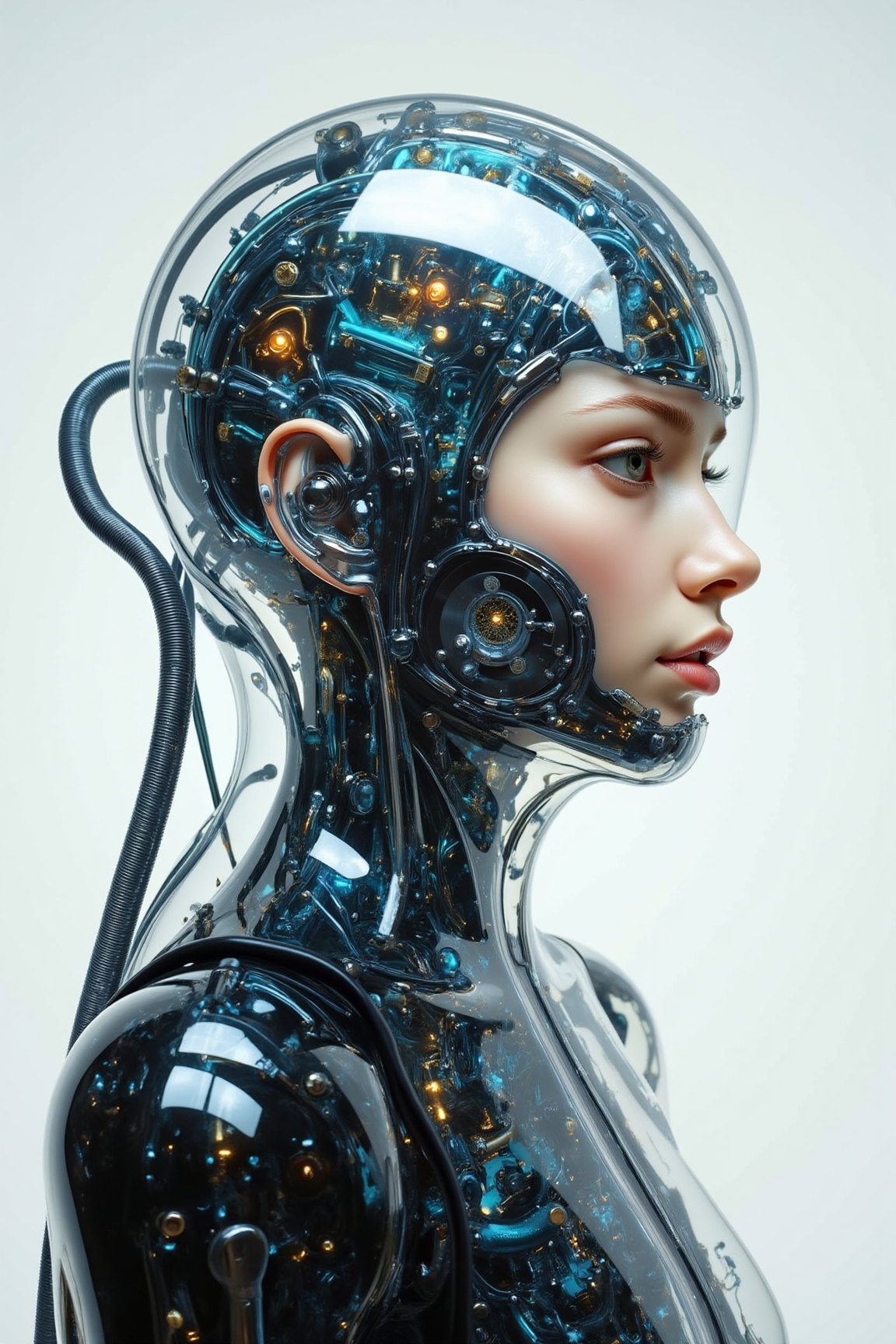 Acrylic, Translucent style, Medium Close-up shot, straight-on view, Minimalist scene, stark white studio background focusing all attention on the subject, dramatic contrast, 1girl, cyborg, upper body portrait, left side soft human skin and natural brown eye, right side intricate polished chrome mirror-like cybernetics replacing skin and eye, exposed glowing blue wiring and micro-mechanisms under articulated plates, subtle seam blending human and machine down the middle, Retro Anime thick outlines, dynamic Comic Book style hatching and dramatic shadows, gritty Cyberpunk tech details, wearing asymmetrical dark high-tech fabric integrated with cybernetics, intense direct gaze, vibrant contrast between warm skin tones and cold blue/chrome cyborg parts, hyper-detailed textures, 85mm lens, f/1.8 aperture, dramatic key lighting from the right illuminating the cyborg side, soft fill light on the human side, sharp focus, cinematic, extremely detailed, vibrant contrasting color palette.