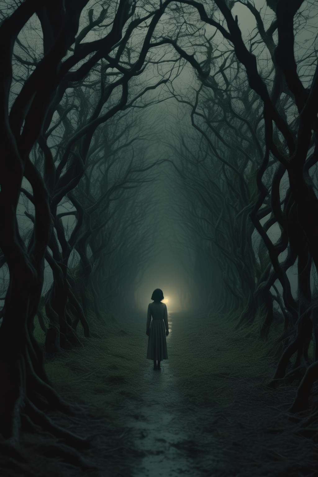 <lora:Director Park Chan-wook style:1>Director Park Chan-wook style - at the end of a tunnel made of trees we see a woman alone in a field, shot on 35 film still, volumetric lighting, night, muted color grading, dark foggy creepy, Darkness in the style of emotive decay, chiaroscuro, realistic, cinematic lighting, ROGER DEAKINS, darius khondji, shot with arri alexa lf, kowa anamorphics 135 lens, f 1.8, photoreal, 4k,