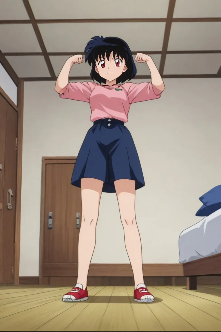 score_9, score_8_up, score_7_up, source_anime, rating_safe, anime screencap, , looking at viewer, depth of field, 1girl, red eyes, chestnut hair, side-swept hair, ,, solo, wide angle, wide shot, full body, apartment, indoors, light, flexing, wavy mouth, <lora:inuyasha_style_pony:0.88>, inuyasha_style, , <lora:sdxl_lightning_8step_lora:1>