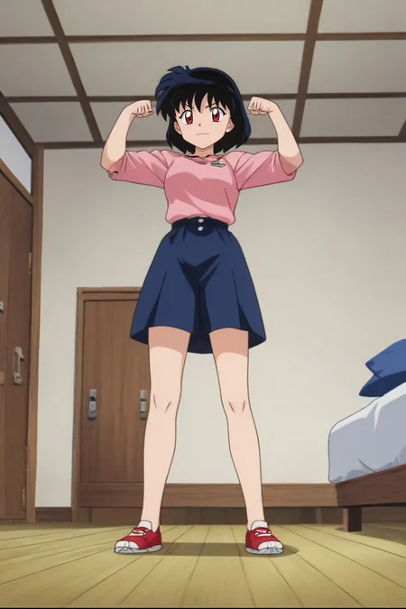 score_9, score_8_up, score_7_up, source_anime, rating_safe, anime screencap, , looking at viewer, depth of field, 1girl, red eyes, chestnut hair, side-swept hair, ,, solo, wide angle, wide shot, full body, apartment, indoors, light, flexing, wavy mouth, <lora:inuyasha_style_pony:0.88>, inuyasha_style, , <lora:sdxl_lightning_8step_lora:1>