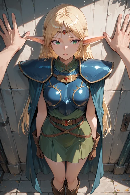 masterpiece, best quality, amazing quality, very aesthetic, absurdres, newest,highres, 1girl, solo focus, <lora:POV_Kabedon__POV_back_against_wall:0.8>, povkabedon,
BREAK Deedlit, lodoss war, parted lips, small breasts,
BREAK green dress, circlet, sleeveless,shoulder armor,armor,breastplate,cloak,blue cloak,boots
BREAK masterpiece, best quality, amazing quality, very aesthetic, absurdres, newest, volumetric lighting