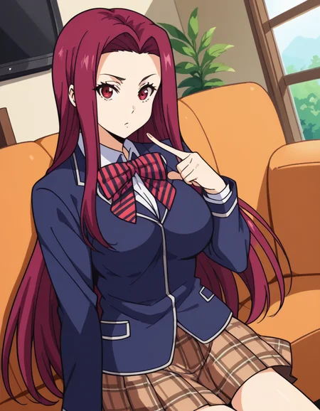 score_9, score_8_up, score_7_up, source_anime, <lora:ryouko-sakaki-s1-ponyxl-lora-nochekaiser:1>, ryouko sakaki, long hair, red eyes, red hair, forehead, large breasts,, bow, school uniform, striped, bowtie, blazer, striped bowtie, blue blazer, brown skirt, plaid skirt, plaid,, living room, television, couch, popcorn, watching movie, night time, sitting,, , looking at viewer, hand pointing index finger, solo,, cowboy shot, dutch angle