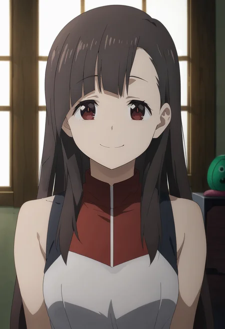 <lora:Yuiyui-Konosuba:0.8>,yuiyui,1girl,solo,long hair,brown hair,red eyes,bangs,sleeveless shirt,upper body,looking at viewer,indoors,smile