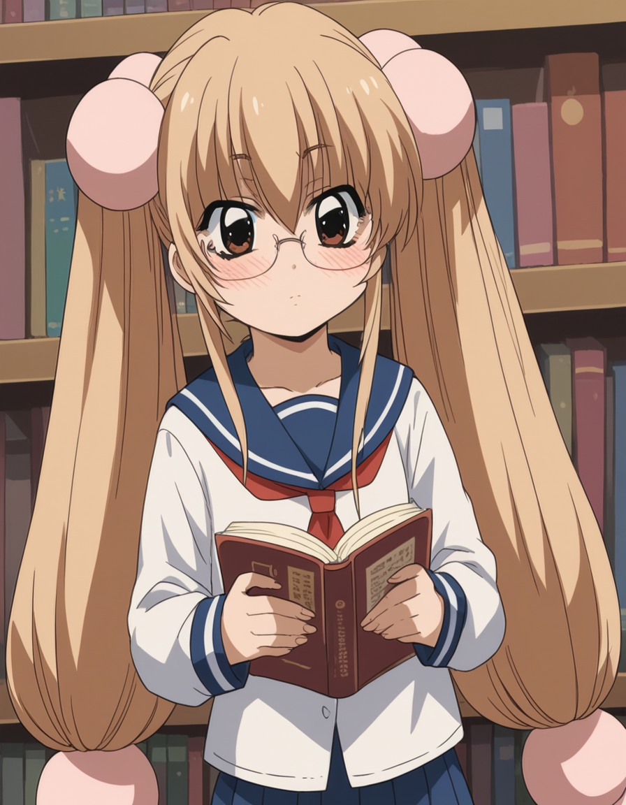 score_9, score_8_up, score_7_up, source_anime, <lora:rin-kokonoe-s1-ponyxl-lora-nochekaiser:1>, rin kokonoe, long hair, brown hair, hair ornament, twintails, brown eyes, very long hair, hair bobbles,, school uniform, serafuku, long sleeves,, library, reading books, glasses, quiet, focused, shelves of books, , hands on stomach, blush,, looking at viewer, solo,, dutch angle, cowboy shot