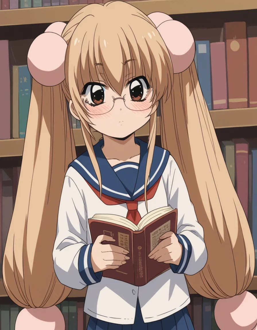 score_9, score_8_up, score_7_up, source_anime, <lora:rin-kokonoe-s1-ponyxl-lora-nochekaiser:1>, rin kokonoe, long hair, brown hair, hair ornament, twintails, brown eyes, very long hair, hair bobbles,, school uniform, serafuku, long sleeves,, library, reading books, glasses, quiet, focused, shelves of books, , hands on stomach, blush,, looking at viewer, solo,, dutch angle, cowboy shot