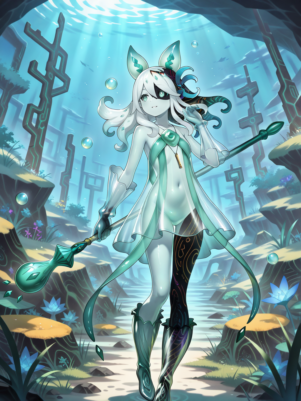 monster girl, icejade acti, 1girl, solo, staff, parted lips, holding staff, looking at viewer, looking to the side, green bubble, smile, grass, navel, standing, underwater, hand up, see-through body, see-through gloves, see-through dress, see-through knee boots, hair flower, bubble pipe necklace, historical ruins, heterochromia
masterpiece,best quality,amazing quality,very aesthetic,absurdres,newest,<lora:Icejade Acti illuXL v1.2:0.83>,