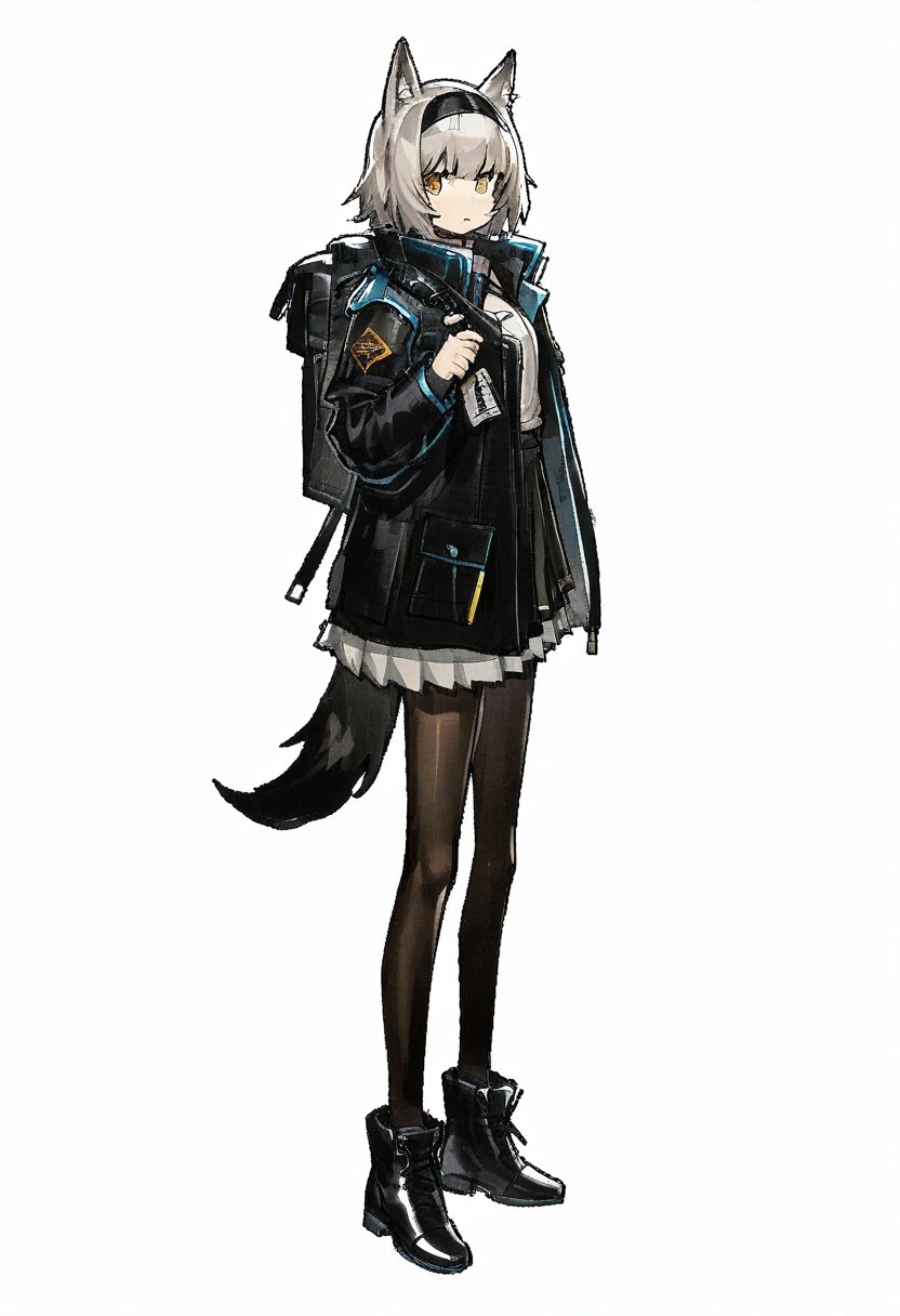 (((One girl))),white hair,wolf ears, jacket,round face
pantyhose,, black footwear, wolf tail,jacket,
Grey indoor background 
Yellow eyes
full body, from side, a hvyflamer weapon