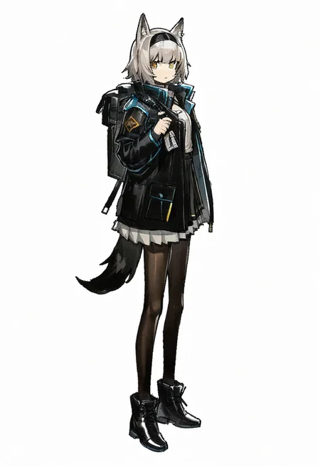 (((One girl))),white hair,wolf ears, jacket,round face
pantyhose,, black footwear, wolf tail,jacket,
Grey indoor background
Yellow eyes
full body, from side, a hvyflamer weapon