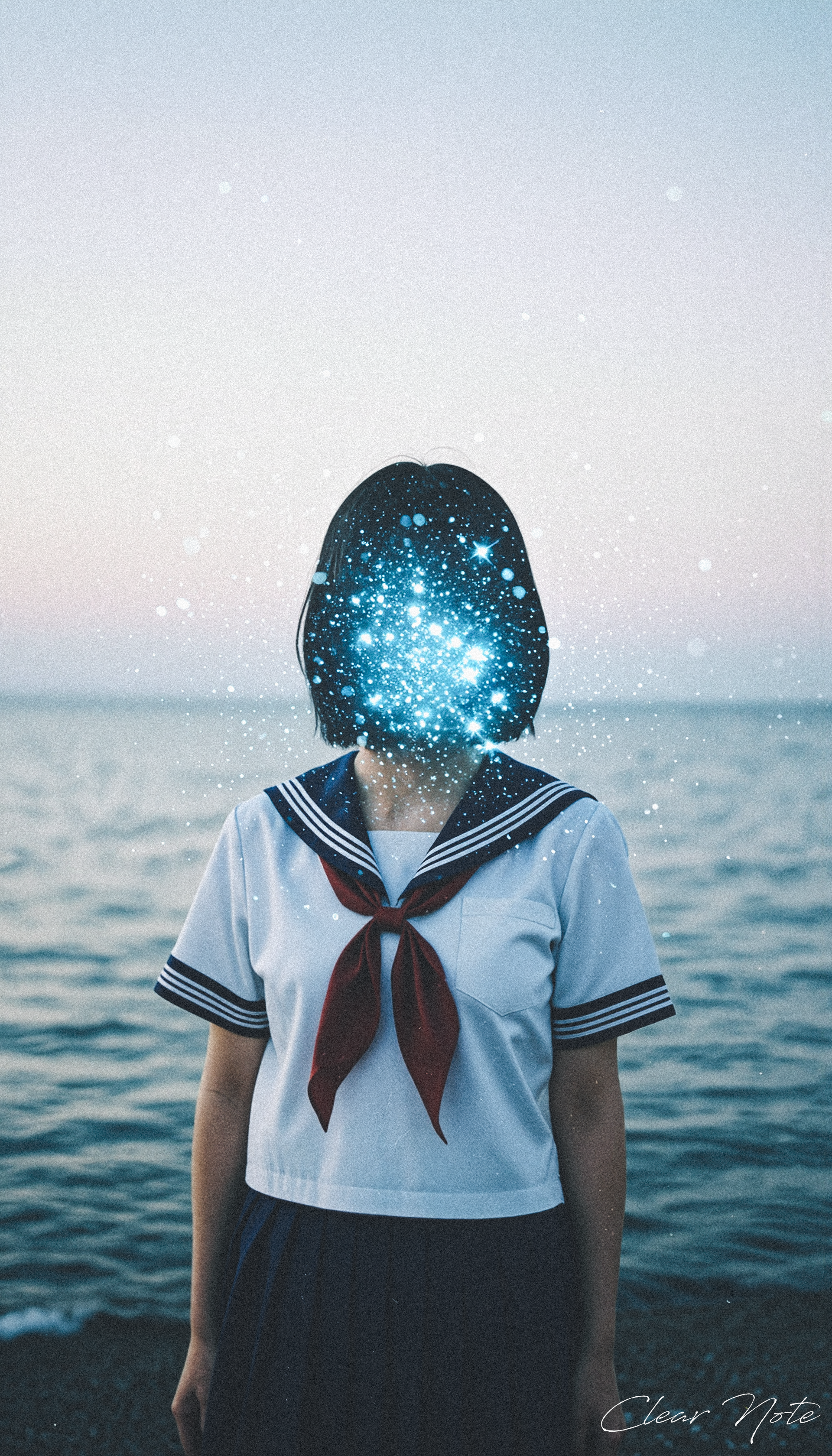 Japanese Culture Style, Emotional Photos, 35mm film, A girl in a Japanese sailor uniform stands by the seaside, her face dissolving into sparkling blue stardust. The serene ocean and soft sky contrast her ethereal transformation, evoking mystery and wonder.