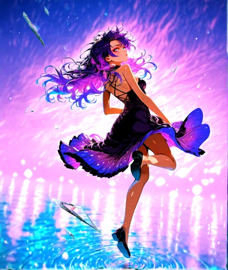 masterpiece,best quality,solo,(solo focus:1.4),(solo:1.2),1girl,(Full body Shot:1.1),detailed background,dramatic lighing,cinematic still,<lora:BrokenGlass_illusXL_Incrs_v1:1.3>,glass shards,pink eye makeup,pink eyeshadow,tan skin, brown skin, long hair, hair in the wind , two-tone hair, purple hair , Multicolour iris, almond shaped eyes , dark blue eyes , realistic eyes, detailed eyes , looking away from viewer, looking to the side, from behind , medium breasts,multicolor background,colorful,at night,clothing in wind,hair in wind,[magical girl, dress | goth, gothic dress],reflection,broken glass,full body shot ,jumping, freeze frame, mid air, jumping straight up ,<lora:BLE(Illust)0.1v:1>,ripples,galaxy,neon lights,film grain,particles,blurry background,bokeh background,stars,realistic,jewelry,featured on pixiv,<lora:ChamIllustriousBackgroundEnhancer>,<lora:UK shiny_skin1v_ILXL:0.8>,shiny skin,