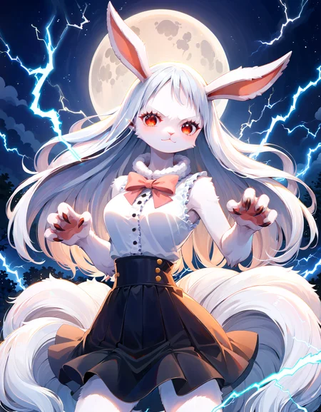 1girl, <lora:Carrot__Lora_Model_ãã£ããã_One_Piece:0.8> Opcarrot, Carrot \(One Piece\), very long white hair, furry, night, full moon, red eyes, Sulong, white top, black skirt, pink neck bow, fur collar, claws, (Alola Ninetales \(Pokemon\):0.8), long tail, lightning, electricity, rating_safe, <lora:xl_more_art-full_v1:1>, score_9, score_8_up, score_7_up, <lora:aesthetic_anime_v1s:1>, <lora:pony_outline_lbw_5x:-0.2>, source_anime