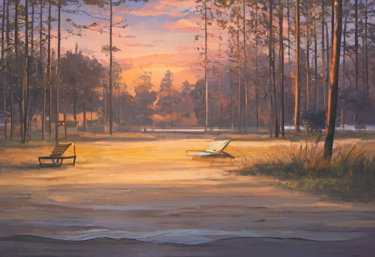 "beautiful evening beach scene on the southern coast of Russia in the style of 'Everlasting Summer', stunning red sunset, vivid red and orange hues in the sky, soft warm light reflecting off the gentle waves, a few lush green birch trees to the side, golden sandy shore, scattered seashells glistening in the fading light, calming and serene atmosphere, soft breeze rustling through the leaves, distant seagulls flying over the horizon, small bonfire with warm glow illuminating the sand, cozy beach chairs and a surfboard leaning against a birch tree, a couple of lanterns casting soft shadows, gentle lapping of waves on the shore, romantic and inviting ambiance, highly detailed, vibrant colors, ultra-high-definition, cinematic composition, digital painting, visual novel style, inspired by 'Everlasting Summer'"