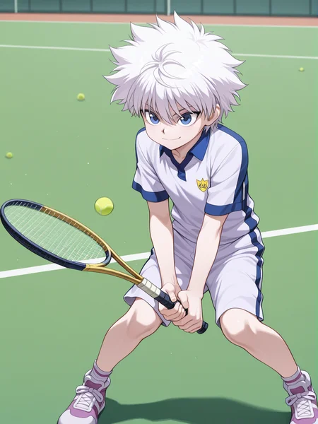 masterpiece, best quality, amazing quality, 1boy, solo, <lora:IlluKillua:1> illukillua, white hair, blue eyes, sportswear, tennis uniform, tennis racket, tennis, short sleeves, shorts, tennis court, two-handed, serious, smile, bent knees, sneakers,