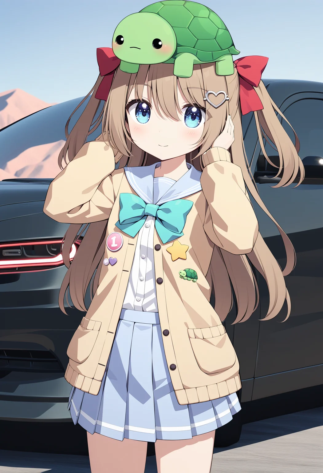 1girl, neuro-sama, (yuzu modoki:1.22), on head, animal on head, cowboy shot, blue eyes, aqua bow, yellow cardigan, open cardigan, blue sailor collar, blue skirt, pleated skirt, turtle, heart, button badge, star \(symbol\), drone, the number "1" on a badge, red ribbon, hair ribbon, two side up, heart hair ornament, long sleeves, light brown hair, natural lighting, (masterpiece, best quality), detailed scenery, (3d render:0.7), background 2020 dodge charger four door, highly detailed, finely detailed <lora:neurosama_animaginexl_3-15:0.7>