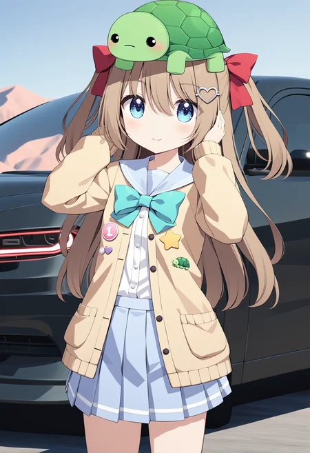 1girl, neuro-sama, (yuzu modoki:1.22), on head, animal on head, cowboy shot, blue eyes, aqua bow, yellow cardigan, open cardigan, blue sailor collar, blue skirt, pleated skirt, turtle, heart, button badge, star \(symbol\), drone, the number "1" on a badge, red ribbon, hair ribbon, two side up, heart hair ornament, long sleeves, light brown hair, natural lighting, (masterpiece, best quality), detailed scenery, (3d render:0.7), background 2020 dodge charger four door, highly detailed, finely detailed <lora:neurosama_animaginexl_3-15:0.7>