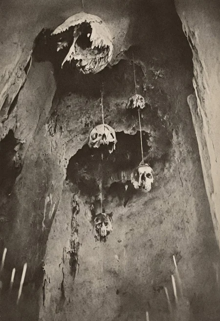 antique photo, eerie atmosphere, creepy, cave, descent into madness, lovecraft horror, walls made of skulls, one bat hanging from the ceiling, <lora:Antique_Photo:1>