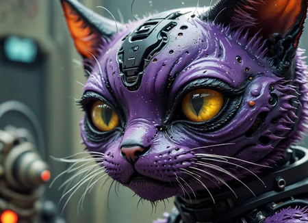 xslx, 2d, sad scenery, elitist,photoshot alien kitten face close-up , highly detailed, Mundane, Direct light, electric purple, art by Smai-Lee, eerie,gritty robotics <lora:fx-01:1> <lora:surrealism-v1:1> <lora:art-v5:.35>  <lora:alien-species:.5>