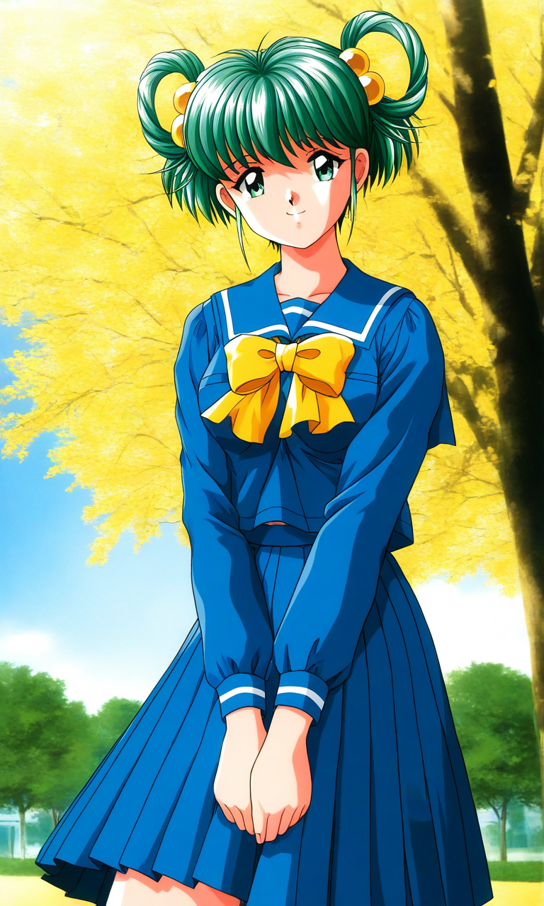 general,highres, ultra-detailed,very aesthetic,best quality ,best hands, BREAK <lora:Tatebayashi_Miharu_Tokimeki_Memorial_IS:1>
Tatebayashi_Miharu(Tokimeki_Memorial), 1girl, solo, hair rings, hair ornament, Yellow bobbles, green hair, bangs, short hair, green eyes, medium breasts, 
school uniform, blue serafuku, blue skirt, Yellow bow, sailor collar, blue sailor collar, smile, long sleeves, pleated skirt, 
outdoor, tree, sky,
V arms,