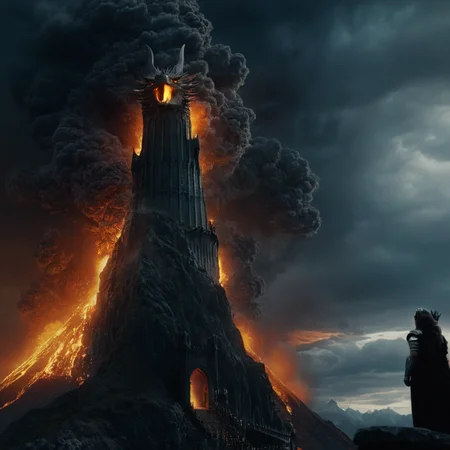 cinematic film still of <lora:The Lord of the Rings style:1>
In a Fantasy Middle-earth world in the dark ages Eye of Sauron a tower with a fire in the sky,Watchtower,outdoors,sky,cloud,no humans,glowing,cloudy sky,fire,scenery,dragon,molten rock , dramatic light, dramatic shadow light, film contrast, cinematic film color, cinematic film look, filmic, realistic, realism, perfection, perfect, movie still, fantasy drama, epic drama, fictional, Age of Wonders, Age of Empires, warriors, Medieval style, middle ages, dungeons and dragons style, different people, different, unique, kingdoms and castles, violent, aggressive, detailed, perfection, detailed face, detailed body, detailed hands, detailed eyes, sharp, horror themed, dark themed, epic fantasy adventure film style, Legendary, mythical, The Lord of the Rings style, shallow depth of field, vignette, highly detailed, high budget, bokeh, cinemascope, moody, epic, gorgeous, film grain, grainy