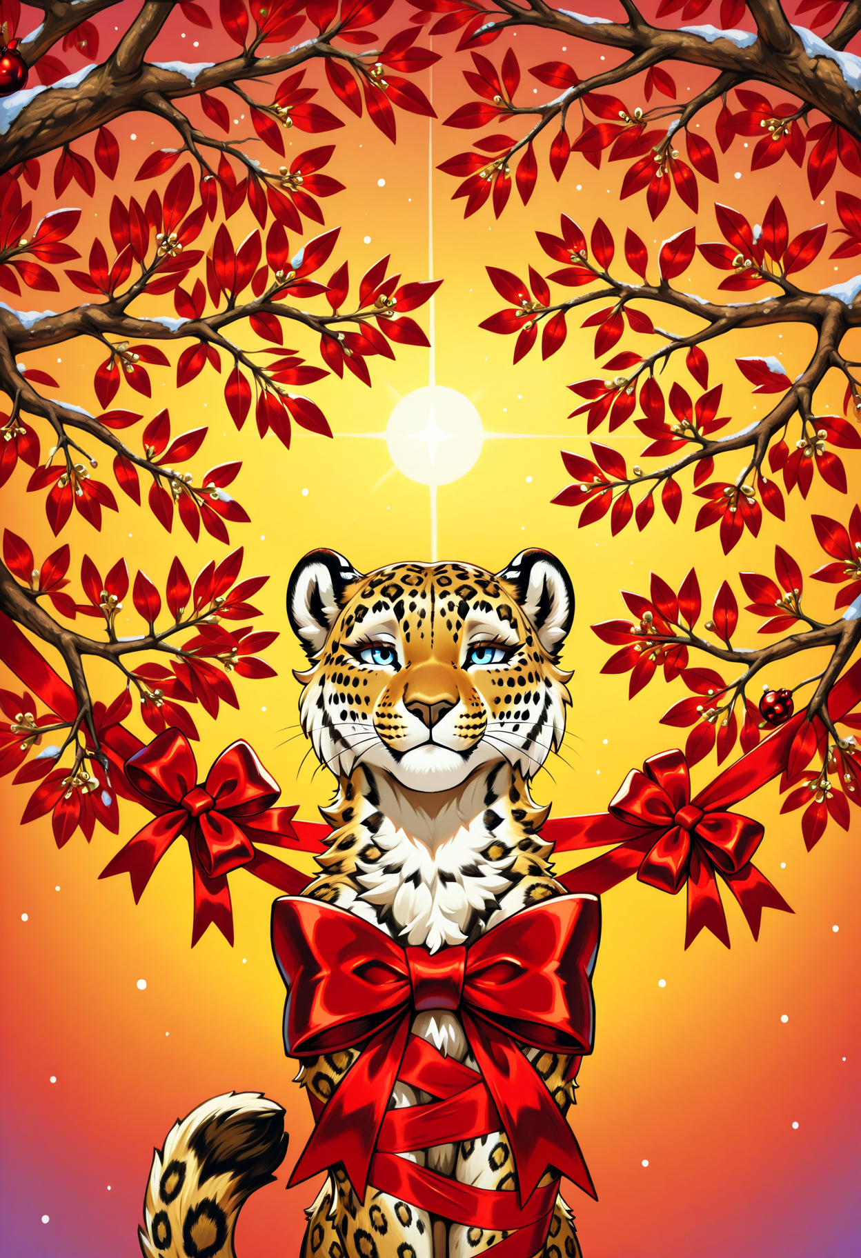 Animal Christmas, masterpiece, best quality, Leopard, red bow, safari holiday, next to tree, ornamented branches, festive colors, golden tones, majestic pose, sunset glow, savanna vibes, playful elegance, Christmas cheer, wrapped presents, unique holiday, joyful leopard