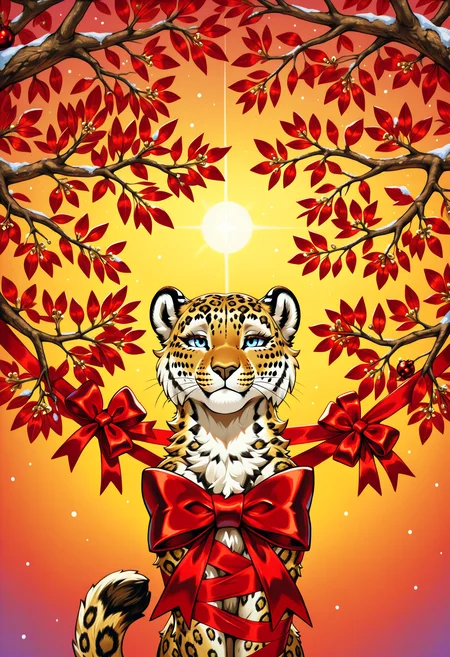 Animal Christmas, masterpiece, best quality, Leopard, red bow, safari holiday, next to tree, ornamented branches, festive colors, golden tones, majestic pose, sunset glow, savanna vibes, playful elegance, Christmas cheer, wrapped presents, unique holiday, joyful leopard