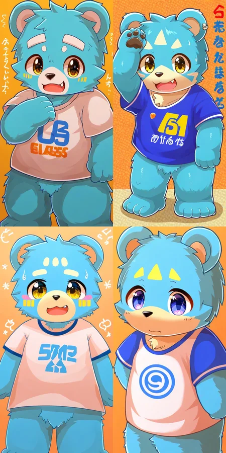 ((((sdgs4levelonerubili)))), 1boy, score_9, solo, furry, cute, kemono, <lora:levelonerubili-clean:1>, wearing t-shirt, rating_questionable, blue fur, blue body,  bear ears