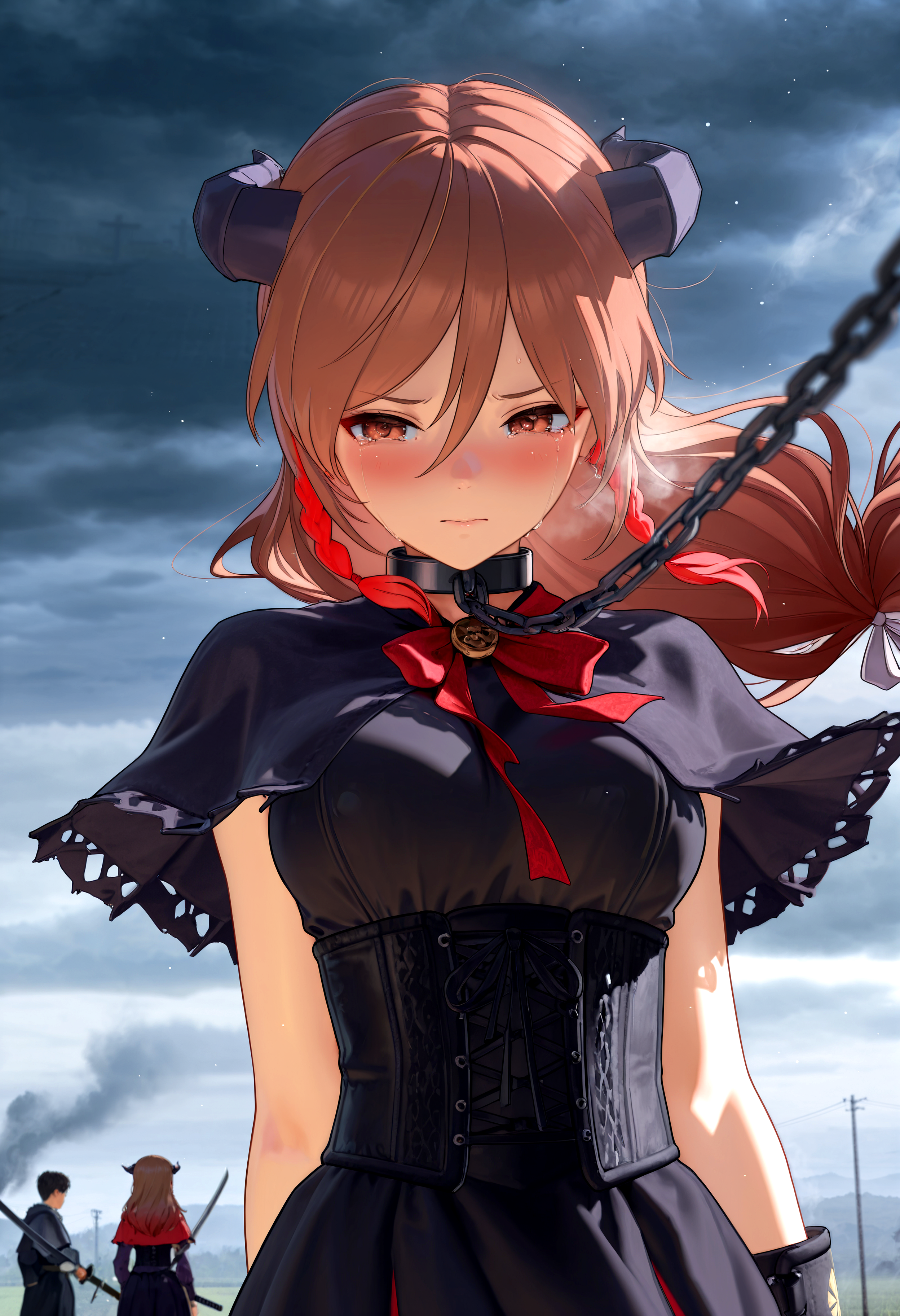 HDR, 8K, high contrast, masterpiece, best quality, amazing quality, very aesthetic, high resolution, ultra-detailed, absurdres, newest, scenery, dynamic angle, close up, gw_ryoko, 1girl, demon horns, red eyes, brown eyes, long hair, brown hair, hair between eyes, twin braids, multicolored hair, bangs, chain, chain leash, metal collar, ribbon, medium breasts, black dress, capelet, cuffs, tatami, corset, holding weapon, katana, blush, crying, tears, melancholy, portrait, heaven, dark sky, overcast, fog, smoke, BREAK, photorealistic, beautiful detailed eyes, detailed skin, detailed hair, volumetric lighting, dappled light, light particles, dramatic shadows, cinematic lighting, photo background, depth of field, <lora:IL\KMS_GW_Ryoko_IL:0.7>