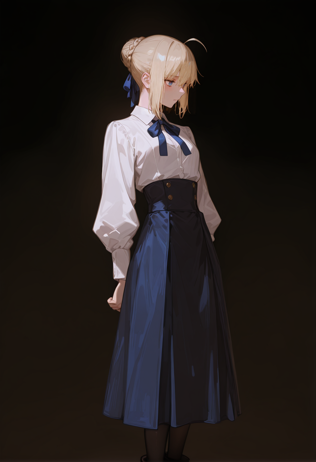 perfect quality,high quality,masterpiece,best quality,amazing quality,very aesthetic,absurdres,Cinematic Lighting,newest,
front view,full_shot,Nervous twitch,
saberCYQL,solo,1girl,blonde hair,hair bun,ahoge,bangs,hair between eyes,french braid,single hair bun,hair ribbon,blue eyes,shirt,white shirt,ribbon,blue ribbon,neck ribbon,collared shirt,long sleeves,skirt,blue skirt,high-waist skirt,pantyhose,black pantyhose,boots,
full body,standing,hand_to_mouth,,
lightcyan background,simple background,
usnr,748cmstyle,<lora:USNR STYLE_XL_loha:0.45>,<lora:DarkerThanBlackIllustrious:0.5>,<lora:spo_sdxl_10ep_4k-data_lora_webui:0.6>,<lora:illustrious_all_rated_v1:0.7>,<lora:748cmSDXL:0.8>,<lora:illustrious_quality_modifiers_masterpieces_v1:0.9>,,<lora:Saber_Illustrious by Cyql:1>,