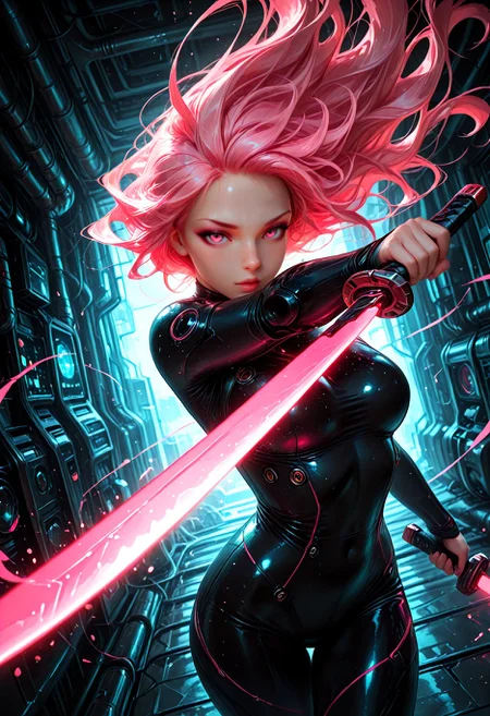 Smooth_Quality, (impressionism:1.5), dynamic composition, 1girl, solo, long hair, flowing hair, neon hair, bioluminecent glow, parted pink lips, eyeshadow, sci-fi, looking at viewer, dual wielding, holding futuristic sword, unsheating, wind effect, foreshortening, slashing, cowboy shot, cinematic angle, dutch angle, dynamic angle, <lora:Smooth_Lighting_Enhancer:0.2> <lora:Smooth_Booster:0.5> <lora:SmoothStyle_Sigma:0.5>