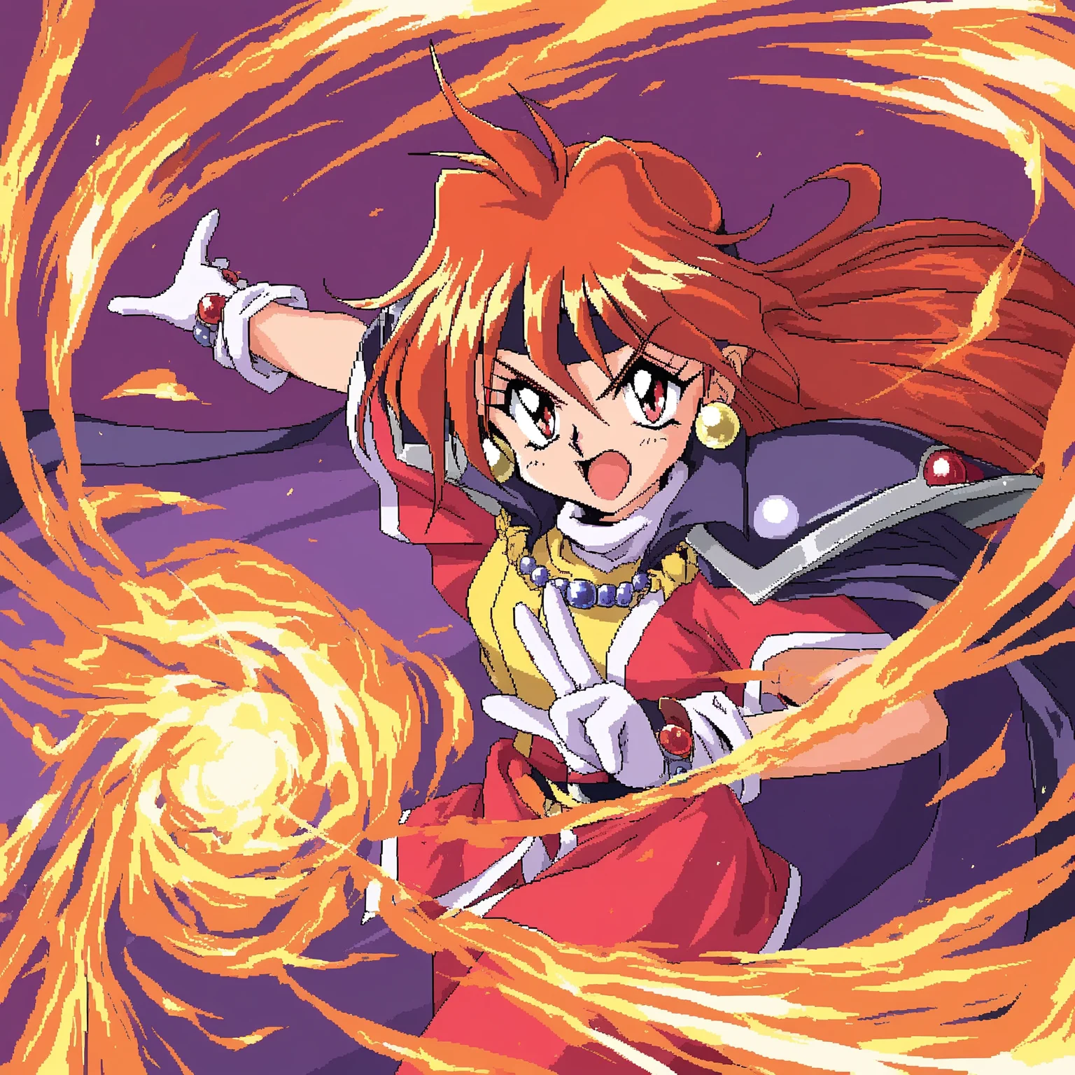 masterpiece, best quality, pixel art,pc-98,  detailed background, limited palette,  1990s \(style\), very_aesthetic, slayers, <lora:isu:0.5>,
1girl, solo,  lina inverse, open mouth, casting spell, magic,  fire, flame, jewelry, pauldrons, cape, gloves, v-shaped eyebrows, fireball,long hair, 4_fingers, thumb,