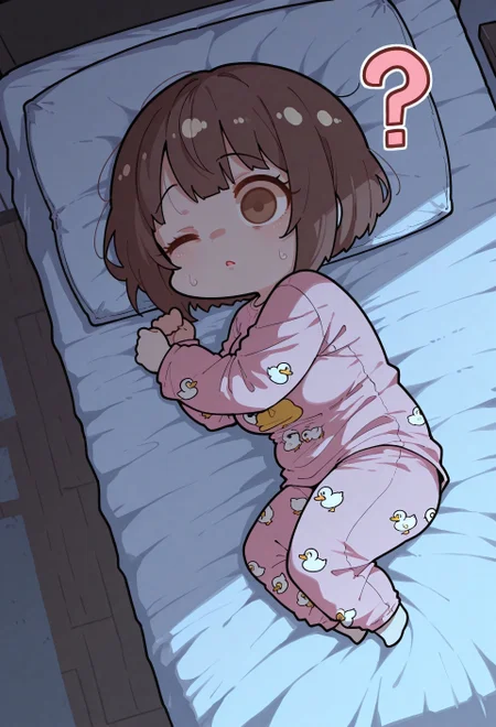 masterpiece, best quality, amazing quality, absurdres, 

1girl, solo, breasts, brown eyes, brown hair, short hair, bobcut, bangs, pink pajama, duck print pajama,

, lying, on side, one eye closed, confused, o_o, on bed, question mark, wide shot, from above, bedroom, dusk, CuteChibi_ST, CTCB_ST,
