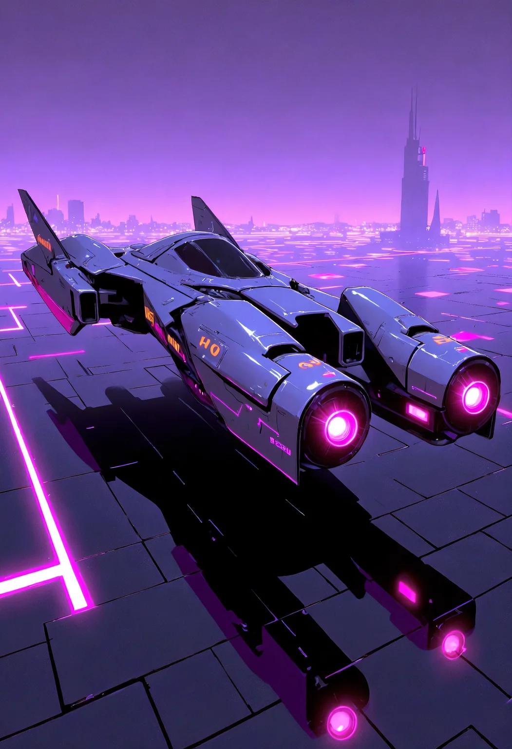 masterpiece, high-quality, A sleek racing hovercraft parked on the edge of a neon-lit platform, its angular design catching streaks of light from the city below, The faint glow of the horizon enhances its futuristic aerodynamic silhouette, futuristic design, reflective surfaces, glowing accents, dynamic lighting, (elaborate fine details:1.1), (hyperdetailed:1.1), (intricate details:1.0), (Refined details:1.1), (best quality:1.1), (high resolution:1.2),,