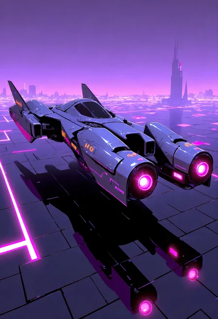 masterpiece, high-quality, A sleek racing hovercraft parked on the edge of a neon-lit platform, its angular design catching streaks of light from the city below, The faint glow of the horizon enhances its futuristic aerodynamic silhouette, futuristic design, reflective surfaces, glowing accents, dynamic lighting, (elaborate fine details:1.1), (hyperdetailed:1.1), (intricate details:1.0), (Refined details:1.1), (best quality:1.1), (high resolution:1.2),,