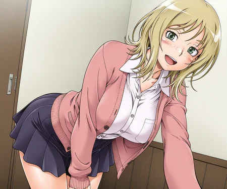 masterpiece, best quality, amazing quality, sfw, 1girl, solo, , looking at viewer, shirt, cardigan, skirt, smile, open mouth, blonde hair, medium hair, freckles, <lora:Fukudahda style ILL-v2:1> fukudahda_style