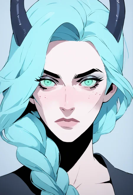 score_9, score_8_up, score_7_up, portrait, closeup, 1girl, dreamy eyes, ((devil horns)), mint blue hair, braided ponytail, freckles, sinister,
<lora:scav3ngersV4_epoch_2:1.8>