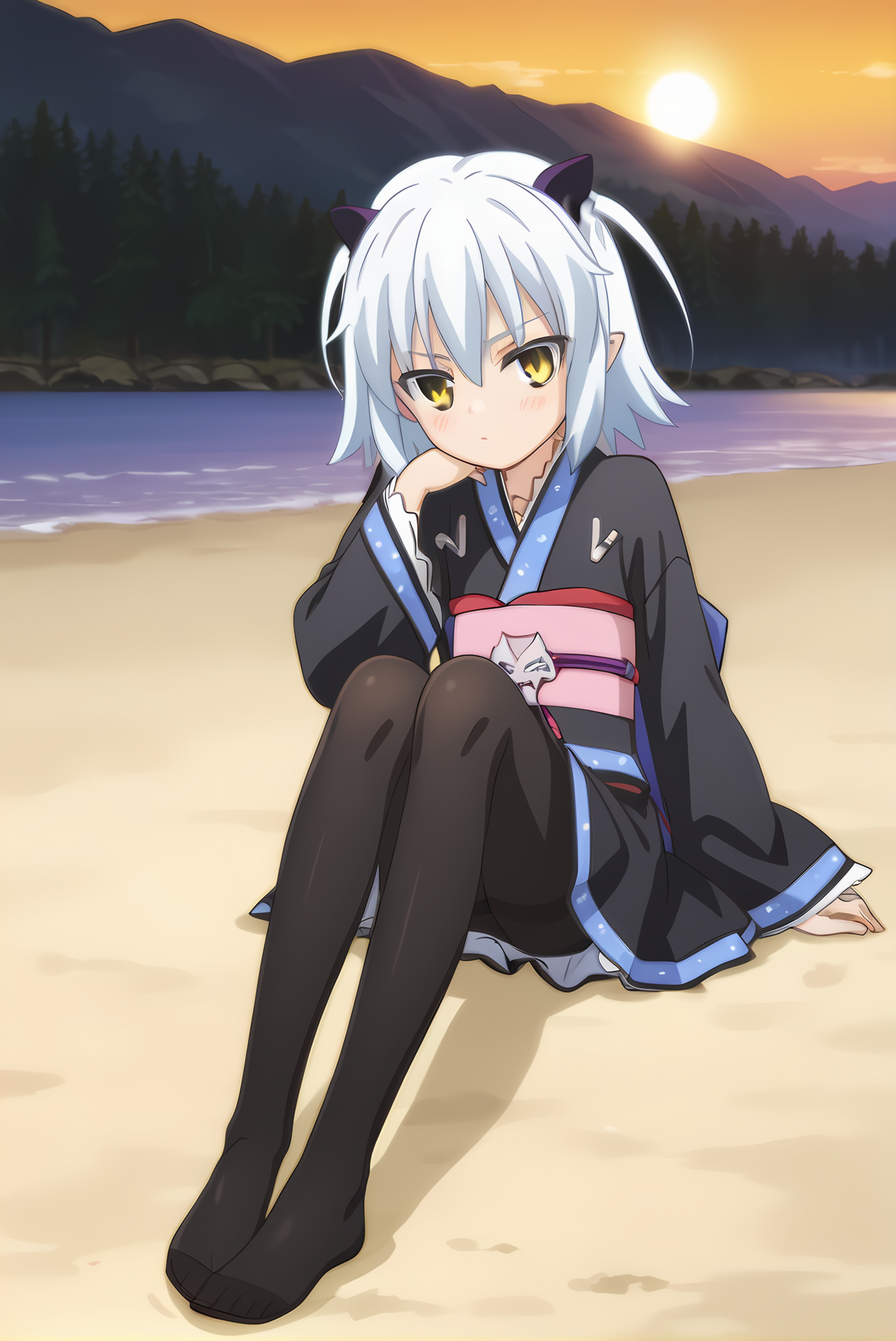 (black kimono pantyhose obi), mt-shiroyasha, white hair, yellow eyes, short horns, 1girl, solo, skinny, feet, (score_9, score_8, score_7), source_anime, blush, (sunset), (1.3::full body|sitting|standing|lying|0.6::close-up| :1.20), <lora:mt-shiroyasha-V01-000003:0.80>