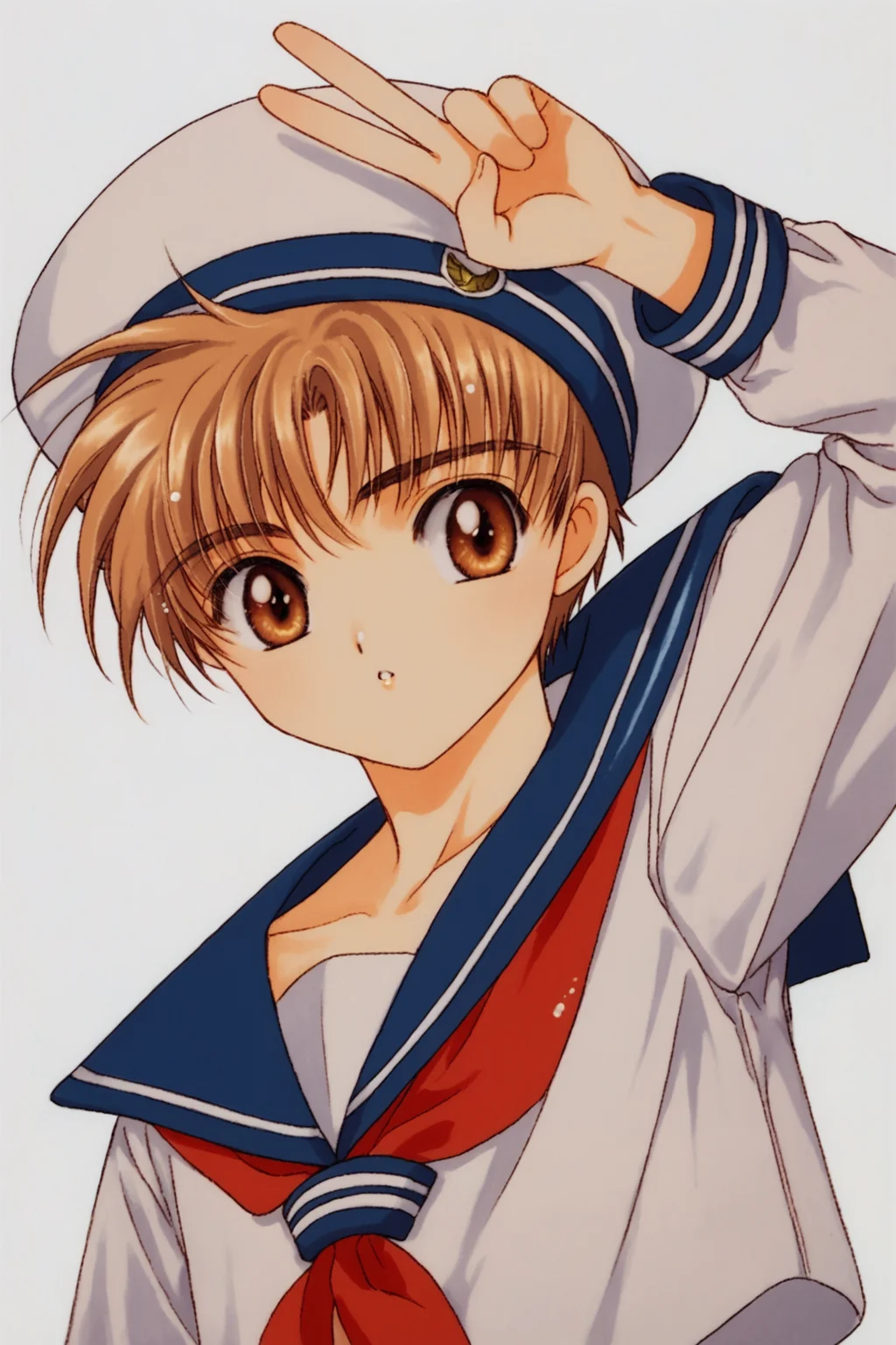 1boy,Li Syaoran,solo,brown hair,school uniform,brown eyes,tomoeda elementary school uniform,hat,simple background,white background,sailor hat,arm up,looking at viewer,v,long sleeves,white headwear,1990s (style),retro artstyle,score_9,score_8_up,<lora:Card Captor Sakura_XL_PONY:0.8>,