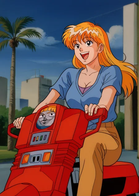 5C00t3r, score_8_up, score_7_up, retro artstyle, source_manga, rating_safe,  <lora:Scooter_-_GoBots_1983_-_Pony_r1:1> moped mode, scooter, moped, grey face, black eyes, red handles, red metal body, creepy expression, break, 1girl on scooter,  human, long hair, blonde, large breasts, cleavage, city background, bald