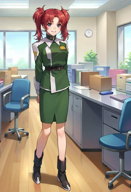 score_9,score_8_up,score_7_up,score_6_up,score_5_up,score_4_up,anime coloring,source_anime,<lora:Meyrin_Hawke_SEED_Destiny_Pony:0.7>,meyrin,1girl,solo,blue eyes,red hair,twintails,green jacket,belt,green skirt,black boots,smile,standing,arms_behind_back,indoors,office,looking at viewer,