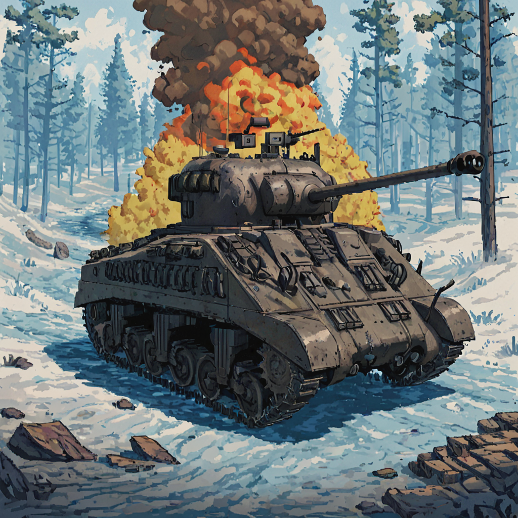tank driving through a frozen forest, snow, ice, frozen stream, explosions, smoke, fog of war, rubble, frflytnk, vehicle focus  ((pulp_comic, heavy_lines, hand_drawn, hand_inked, hand_colored, apxlz))