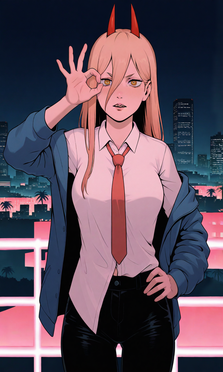 embedding:IllusP0s, GTAVC-LS-ILV1.0, ok sign over eye, power_\(chainsaw_man\), horns, yellow eyes, sharp teeth, parted lip, white shirt, blue jacket, off-shoulder, red tie, half untucked shirt, black pants, one hand on hip, contrast lighting, outdoors, night, city, miami, pink hue,<lora:GTA_Vice_City_Loading_Style-000014.safetensors:1.0:1.0>