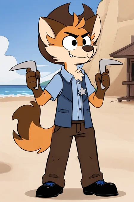 toddhayseed, furry male, fox boy, body fur, orange fur, two-tone fur, short hair, fox ears, black eyes, animal nose, chest tuft, fox tail, cowboy hat, light blue shirt, collared shirt, short sleeves, blue vest, open vest, sheriff badge, brown pants, black shoes, 1boy, solo, full body, tall, standing, legs together, feet together, smiling, grinning, fang, long legs, saloon, outdoors, sand, holding boomerang, Expressiveh