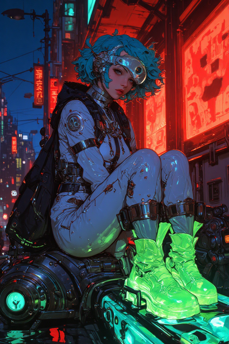 ((pingtu style, illustration-fen)) In anime, cyberpunk, ne0nfant4sy style, a hyper-detailed digital artwork captures a full-body portrait of a female model in futuristic urban attire. She wears a sleek, form-fitting silver bodysuit with a high collar and oversized neon green boots, part of Iris van Herpen’s "Digital Dawn" collection, blending high-tech couture with cyberpunk streetwear. A translucent visor with integrated AR interfaces hovers over her eyes, flickering with digital overlays, while intricate silver ornaments wrap around her arms, neck, and waist, adding a futuristic elegance. Her electric blue hair, sharply rendered in anime style, flows to her shoulders with clean, defined strokes. She sits confidently atop a glowing, hyper-realistic hoverboard, its polished surface reflecting the neon lights around her. The background pulses with intense red neon signs and holographic advertisements, casting vibrant reflections off every surface. Each detail in the environment, from the distant cityscape to the gritty textures of the futuristic streets, enhances the high-tech, dystopian atmosphere. Neon lights amplify the metallic sheen of her attire, while the cool blue tones and subtle noise create depth, turning the scene into an immersive cyberpunk world filled with hyper-realistic objects and surreal, vibrant energy.