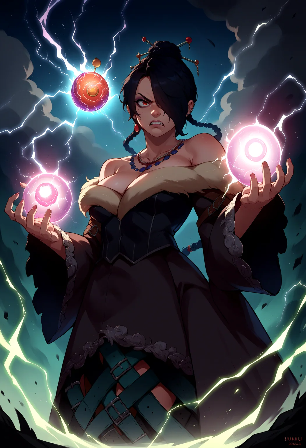 score_9, score_8_up, source_anime, 1girl, LuluX, jewelry, strapless dress, multiple belts, fur trim, moogle, off-shoulder dress, <lora:LuluX_XLPD:1>, hair over one eye, black hair, thundermagic, excessive energy, charged aura, angry, electricity, energy ball,
