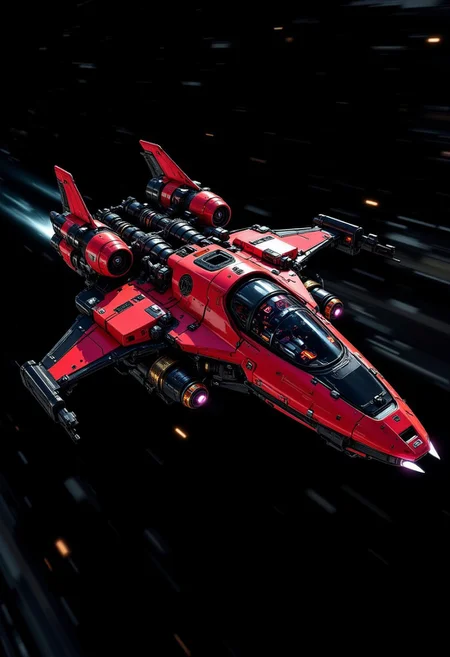 aidmafluxpro1.1, A digital artwork in the style of cknc, silhouette art, chiascuro, cyberpunk, a futuristic space fighter spaceship, red with black detailing, adorned with intricate, metallic details, illuminated cockpit, flying rapidly through a dark space background with motion blur, viewed diagonally from the front, directional lighting, silhouetted, light hitting one side,