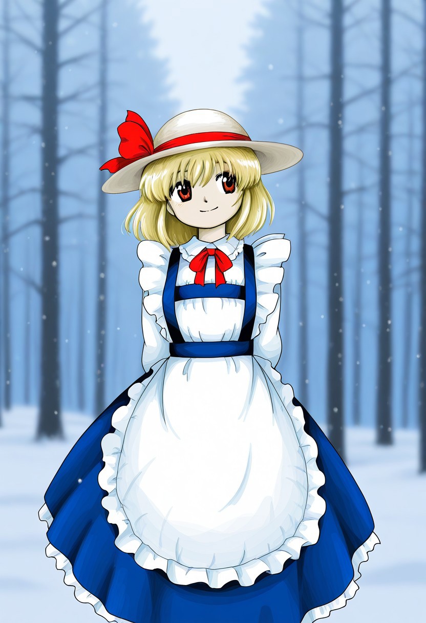watercolor, aesthetic, colorful, jaggy lines, zun \(style\), BREAK, 1girl, solo, (Kana Anaberal), standing, smile, hands behind back, outdoors, winter forest, blurry background,